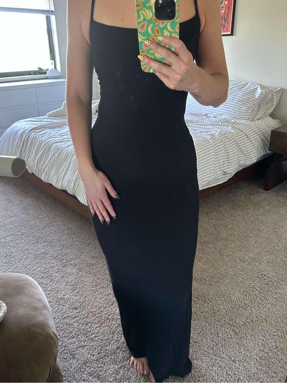 SKIMS Black Ribbed Maxi Dress with Slim Spaghetti Straps